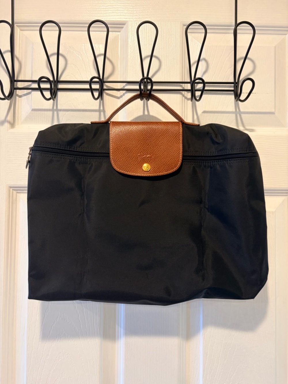 Longchamp Black Nylon Travel Tote with Brown Leather Flap